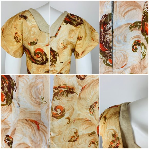 Vintage 1950s Novelty Print Dress Brown Feathers V Neck Wiggle Pin Up | W 25" - Picture 11 of 14